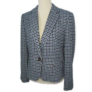 Ann Taylor Wool Blend Blazer Blue Plaid One Button Size 8 Career Office Work